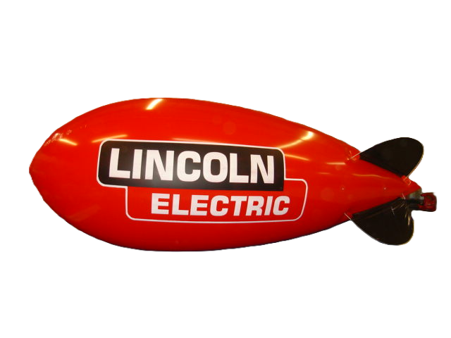 21 ft custom red Lincoln Electric advertising blimp with large logo